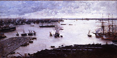 8 Pompeo Mariani Il porto di Genova da Palazzo Doria olio su tela 1205 x 241 cm