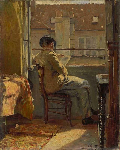 “Giovanni Giacometti legge alla finestra – Parigi (Giovanni Giacometti am Fenster lesend – Paris)” 1890, olio su tela, 41 x 32.5 cm Collezione privata