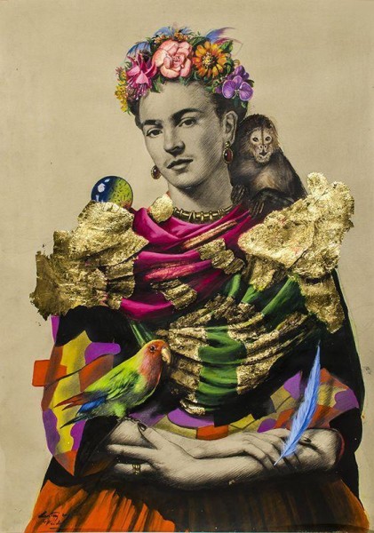 Frida Khalo tecnica mista su carta china acquerellata e foglia oro con acquerello cm 50x70 2018