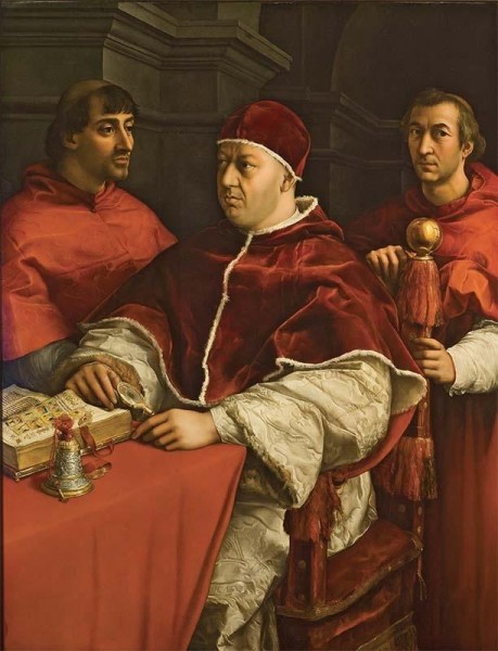 Raffaello - Ritratto di Leone X tra i cardinali Giulio de’ Medici e Luigi de’ Rossi Portrait of Pope Leone X with Cardinals Giulio de’ Medici and Luigi de’ Rossi 1518 olio su tavola / oil on wood panel